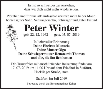 Traueranzeige von Peter Winter  von Magdeburger Volksstimme
