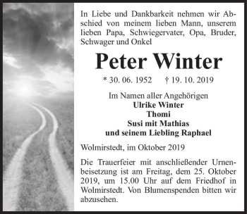 Traueranzeige von Peter Winter  von Magdeburger Volksstimme