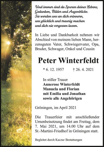 Traueranzeige von Peter Winterfeldt  von Magdeburger Volksstimme
