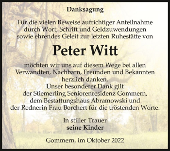 Traueranzeige von Peter Witt  von Magdeburger Volksstimme