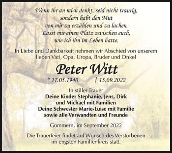 Traueranzeige von Peter Witt  von Magdeburger Volksstimme