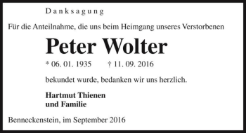 Traueranzeige von Peter Wolter  von Magdeburger Volksstimme