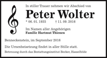 Traueranzeige von Peter Wolter  von Magdeburger Volksstimme