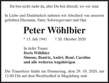 Traueranzeige von Peter Wöhlbier  von Magdeburger Volksstimme