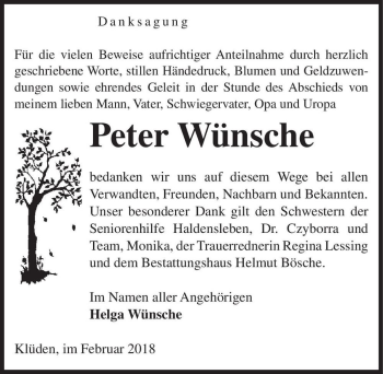 Traueranzeige von Peter Wünsche  von Magdeburger Volksstimme