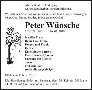Traueranzeige von Peter Wünsche  von Magdeburger Volksstimme