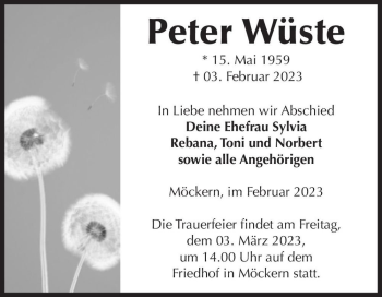 Traueranzeige von Peter Wüste  von Magdeburger Volksstimme