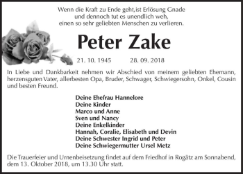Traueranzeige von Peter Zake  von Magdeburger Volksstimme