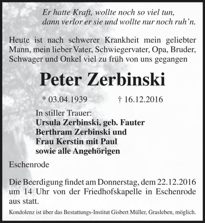  Traueranzeige für Peter Zerbinski  vom 19.12.2016 aus Magdeburger Volksstimme