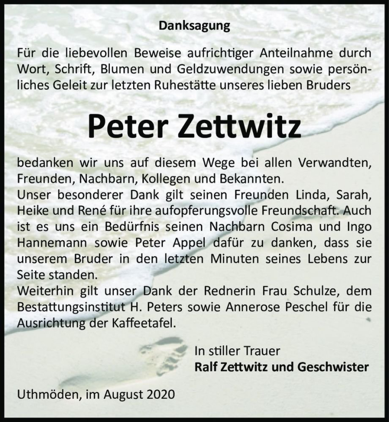  Traueranzeige für Peter Zettwitz  vom 07.08.2020 aus Magdeburger Volksstimme