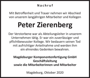 Traueranzeige von Peter Zierenberg  von Magdeburger Volksstimme