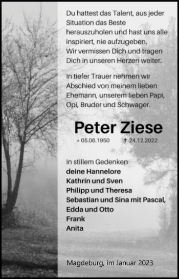Traueranzeige von Peter Ziese  von Magdeburger Volksstimme