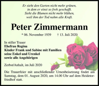 Traueranzeige von Peter Zimmermann  von Magdeburger Volksstimme