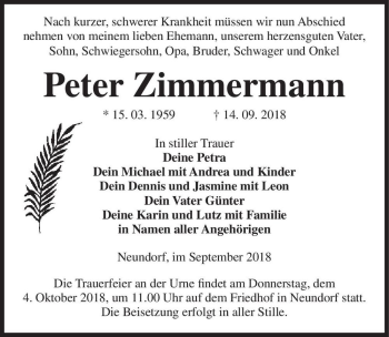 Traueranzeige von Peter Zimmermann  von Magdeburger Volksstimme
