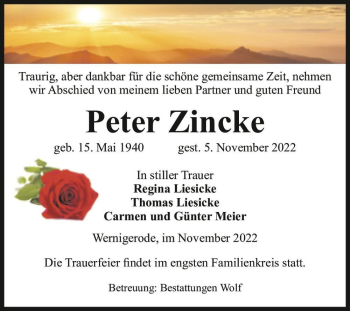 Traueranzeige von Peter Zincke  von Magdeburger Volksstimme
