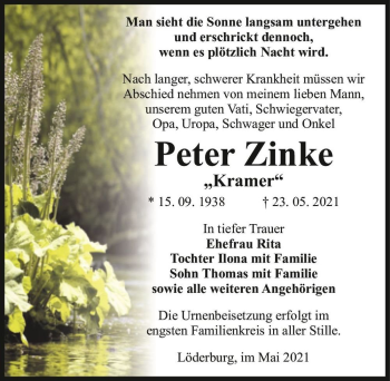 Traueranzeige von Peter Zinke 