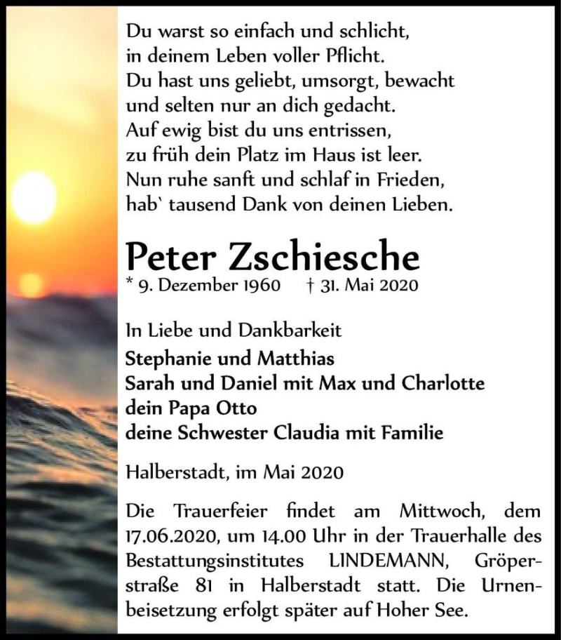  Traueranzeige für Peter Zschiesche  vom 06.06.2020 aus Magdeburger Volksstimme