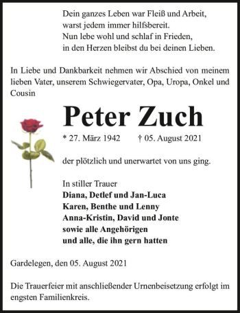 Traueranzeige von Peter Zuch  von Magdeburger Volksstimme