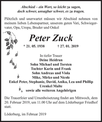 Traueranzeige von Peter Zuck  von Magdeburger Volksstimme