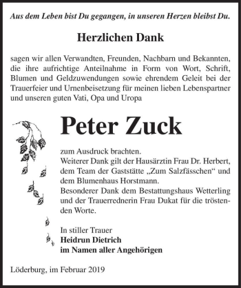Traueranzeige von Peter Zuck  von Magdeburger Volksstimme
