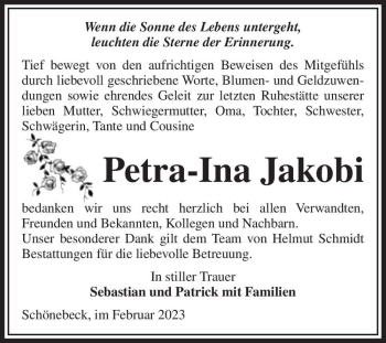 Traueranzeige von Petra-Ina Jakobi  von Magdeburger Volksstimme