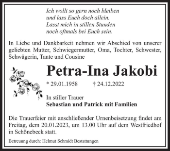 Traueranzeige von Petra-Ina Jakobi  von Magdeburger Volksstimme