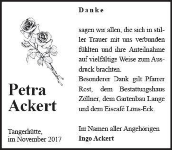 Traueranzeige von Petra Ackert  von Magdeburger Volksstimme