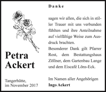 Traueranzeige von Petra Ackert  von Magdeburger Volksstimme