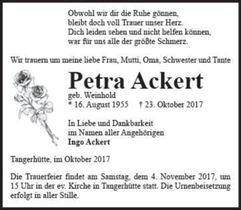 Traueranzeige von Petra Ackert (geb. Weinhold)  von Magdeburger Volksstimme