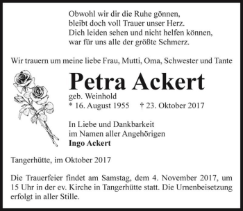 Traueranzeige von Petra Ackert (geb. Weinhold)  von Magdeburger Volksstimme