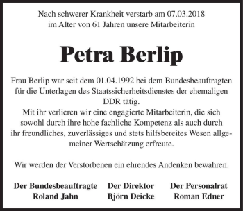 Traueranzeige von Petra Berlip  von Magdeburger Volksstimme
