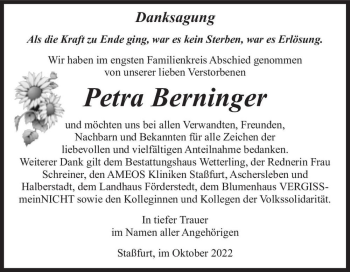 Traueranzeige von Petra Berninger  von Magdeburger Volksstimme