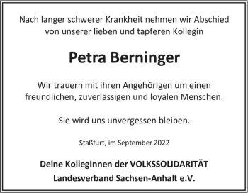 Traueranzeige von Petra Berninger  von Magdeburger Volksstimme