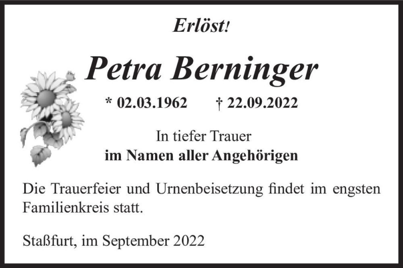  Traueranzeige für Petra Berninger  vom 24.09.2022 aus Magdeburger Volksstimme