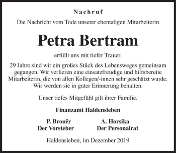 Traueranzeige von Petra Bertram  von Magdeburger Volksstimme