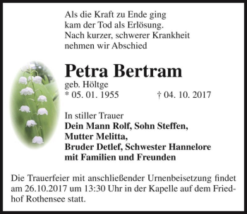 Traueranzeige von Petra Bertram (geb. Höltge)  von Magdeburger Volksstimme