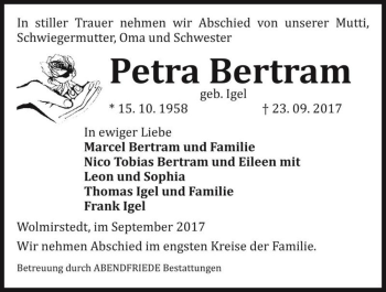 Traueranzeige von Petra Bertram (geb. Igel)  von Magdeburger Volksstimme