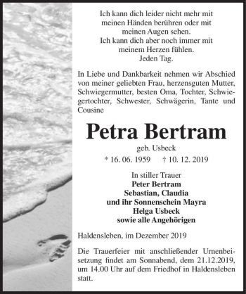 Traueranzeige von Petra Bertram (geb. Usbeck)  von Magdeburger Volksstimme