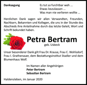 Traueranzeige von Petra Bertram (geb. Usbeck)  von Magdeburger Volksstimme