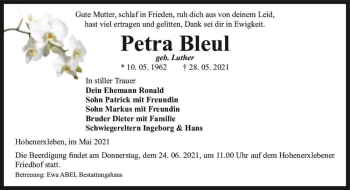 Traueranzeige von Petra Bleul (geb. Luther)  von Magdeburger Volksstimme