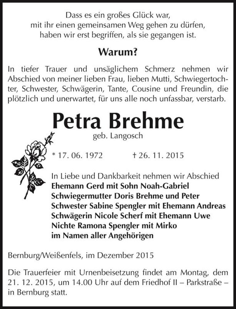  Traueranzeige für Petra Brehme (geb. Langosch)  vom 12.12.2015 aus Magdeburger Volksstimme