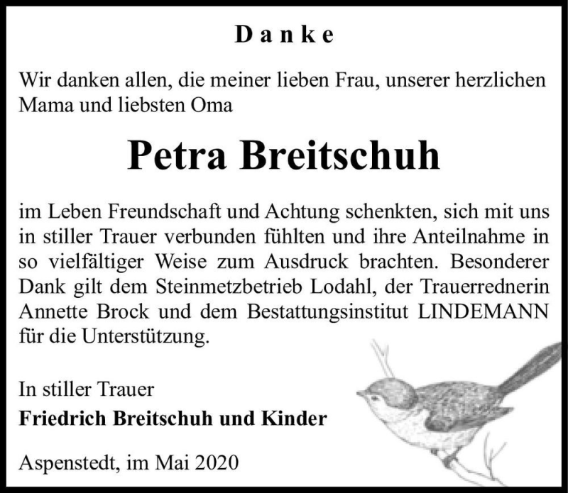  Traueranzeige für Petra Breitschuh  vom 23.05.2020 aus Magdeburger Volksstimme