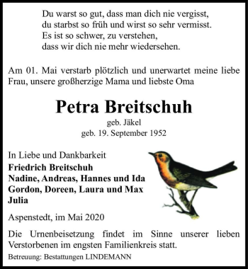 Traueranzeige von Petra Breitschuh (geb. Jäkel)  von Magdeburger Volksstimme