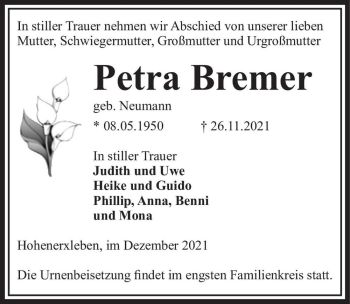Traueranzeige von Petra Bremer (geb. Neumann)  von Magdeburger Volksstimme