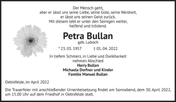 Traueranzeige von Petra Bullan (geb. Luboch)  von Magdeburger Volksstimme
