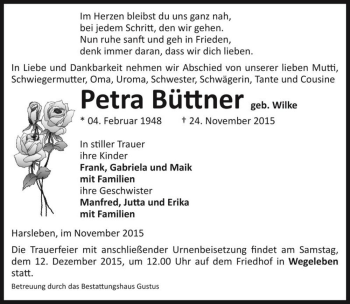 Traueranzeige von Petra Büttner (geb. Wilke)  von Magdeburger Volksstimme