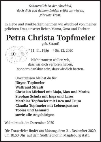Traueranzeige von Petra Christa Topfmeier (geb. Strauß)  von Magdeburger Volksstimme