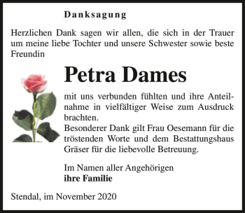 Traueranzeige von Petra Dames  von Magdeburger Volksstimme