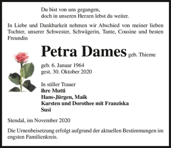 Traueranzeige von Petra Dames (geb. Thieme)  von Magdeburger Volksstimme
