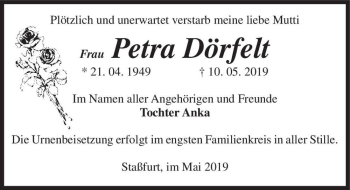 Traueranzeige von Petra Dörfelt  von Magdeburger Volksstimme
